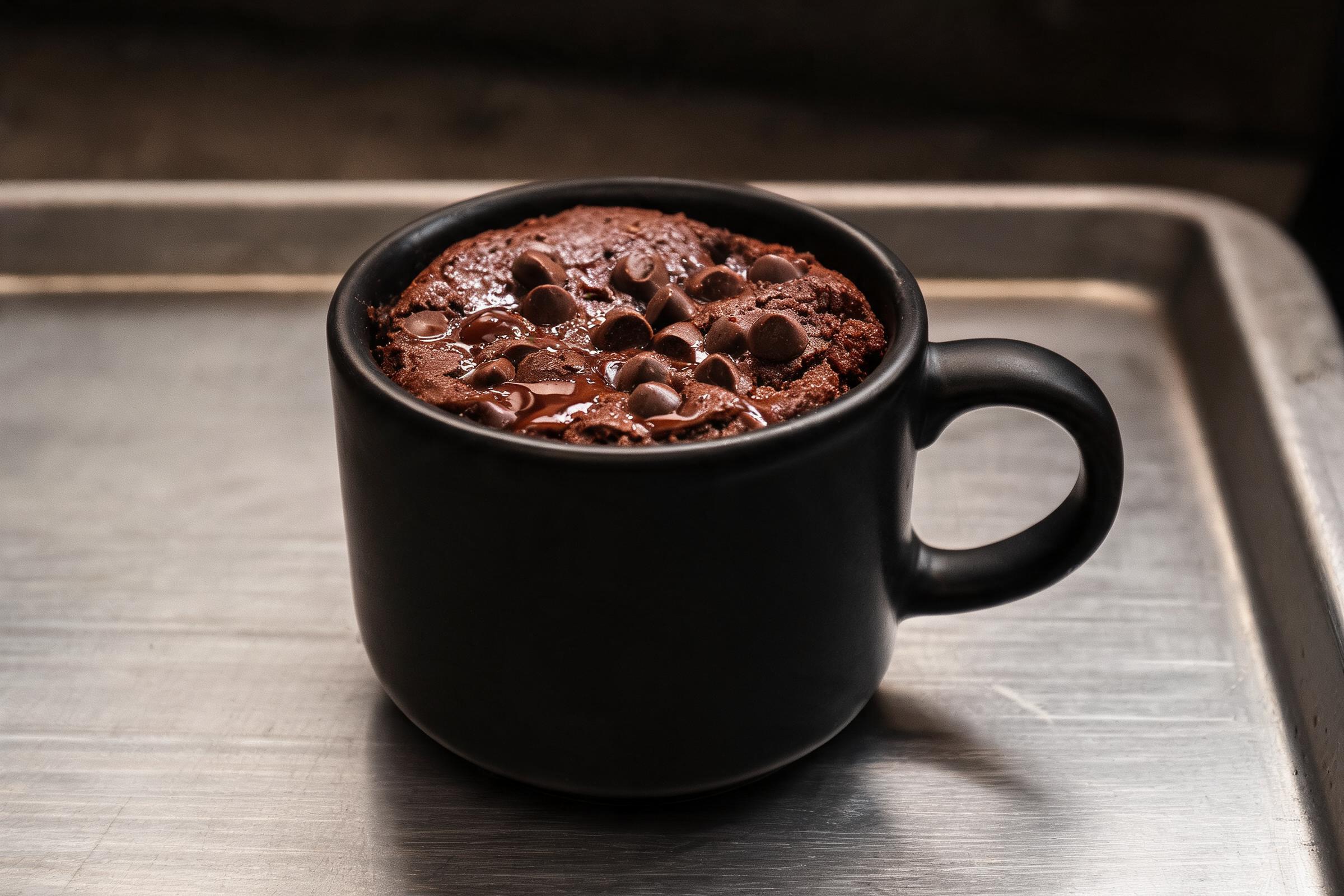 Dairy-free brownie batter mug cake with melted chocolate chips on a dark cocoa top