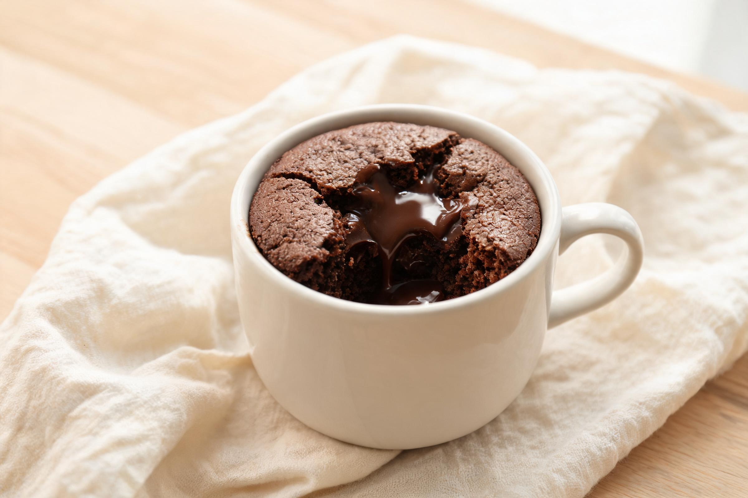 Gluten-free chocolate lava mug cake with a spoon opening the melted center
