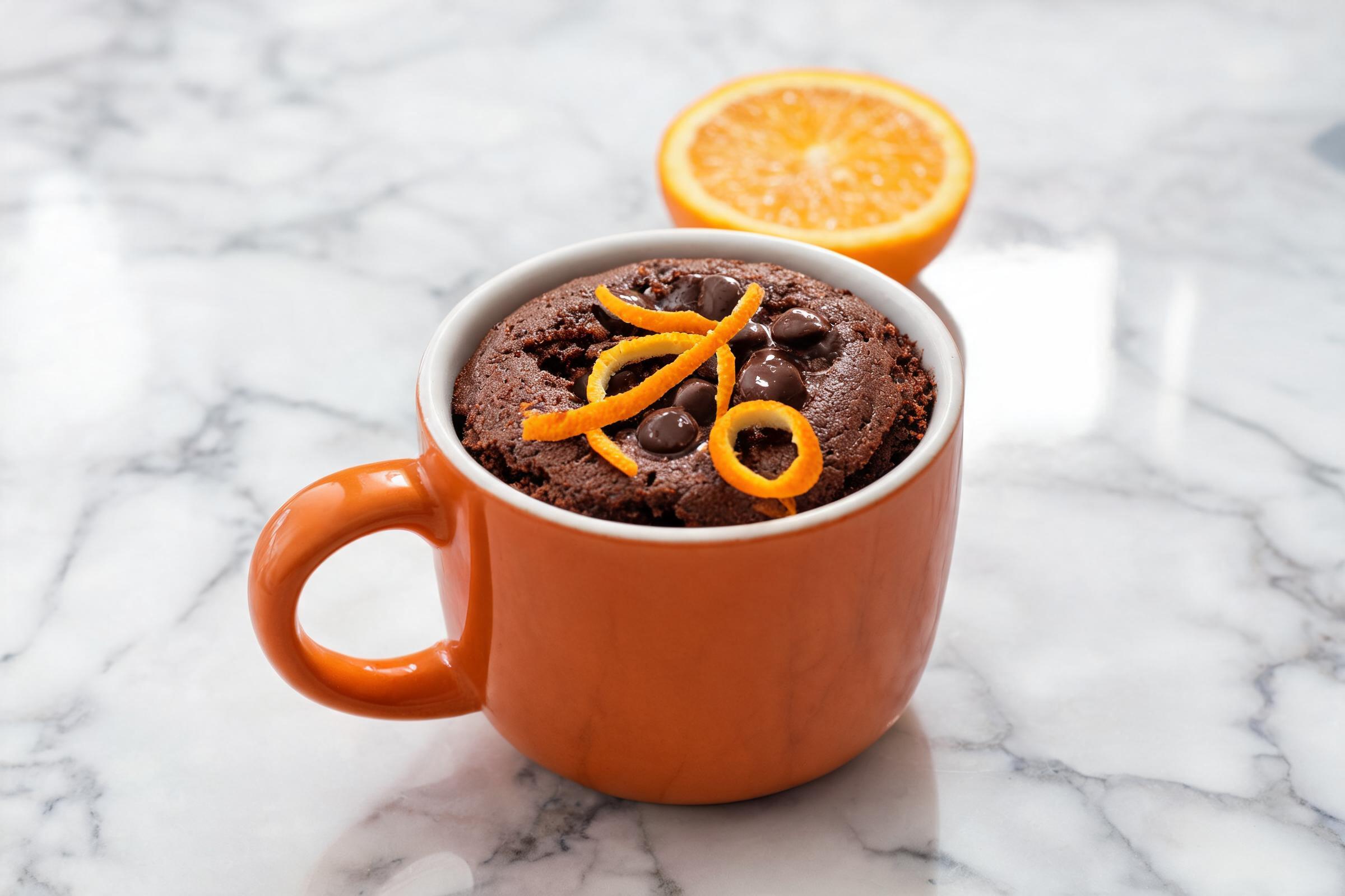 Dark chocolate orange mug cake with orange zest and melted chips