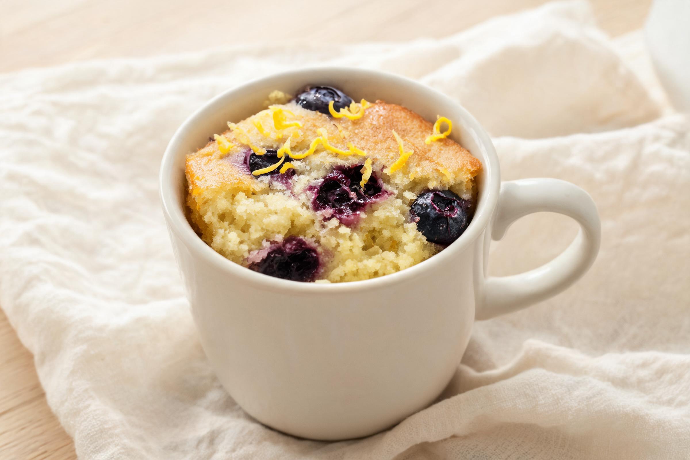 Dairy-free lemon blueberry mug cake with burst blueberries on top