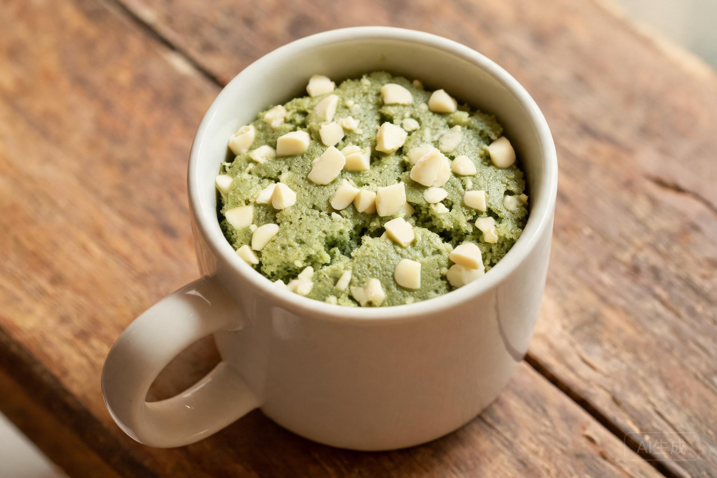Matcha white chocolate mug cake with pale green crumb and white chocolate chips