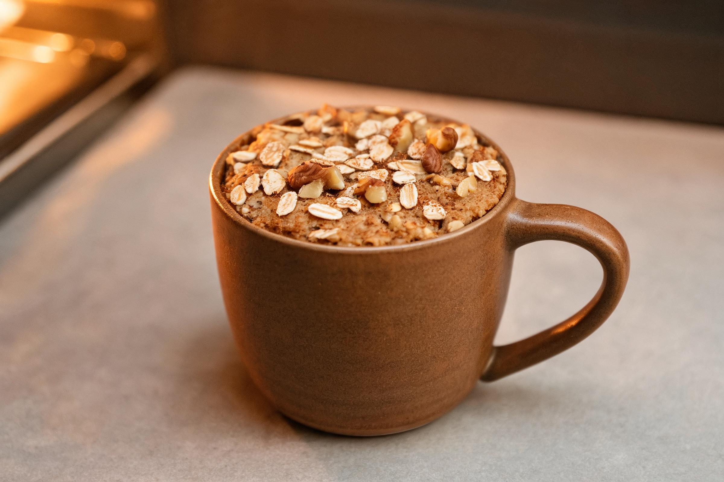 Dairy-free oatmeal cookie mug cake with oats, cinnamon, and chopped walnuts