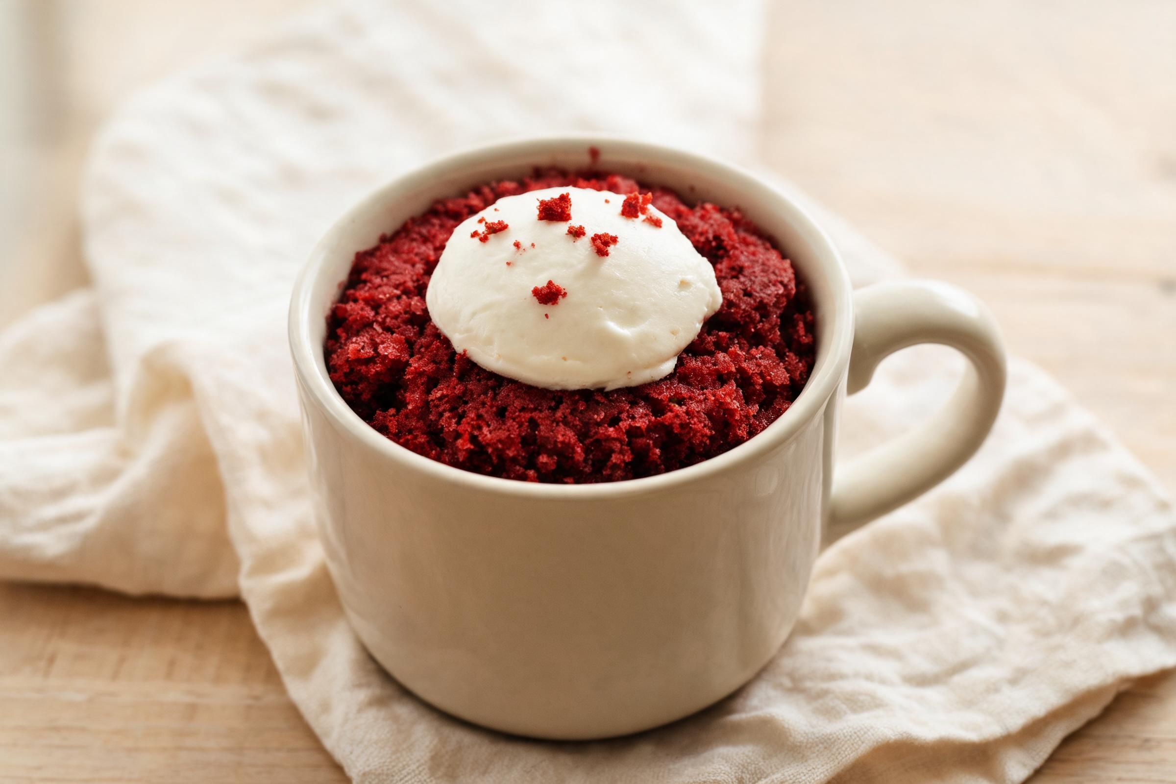 Red velvet mug cake with a cream cheese center in a white mug