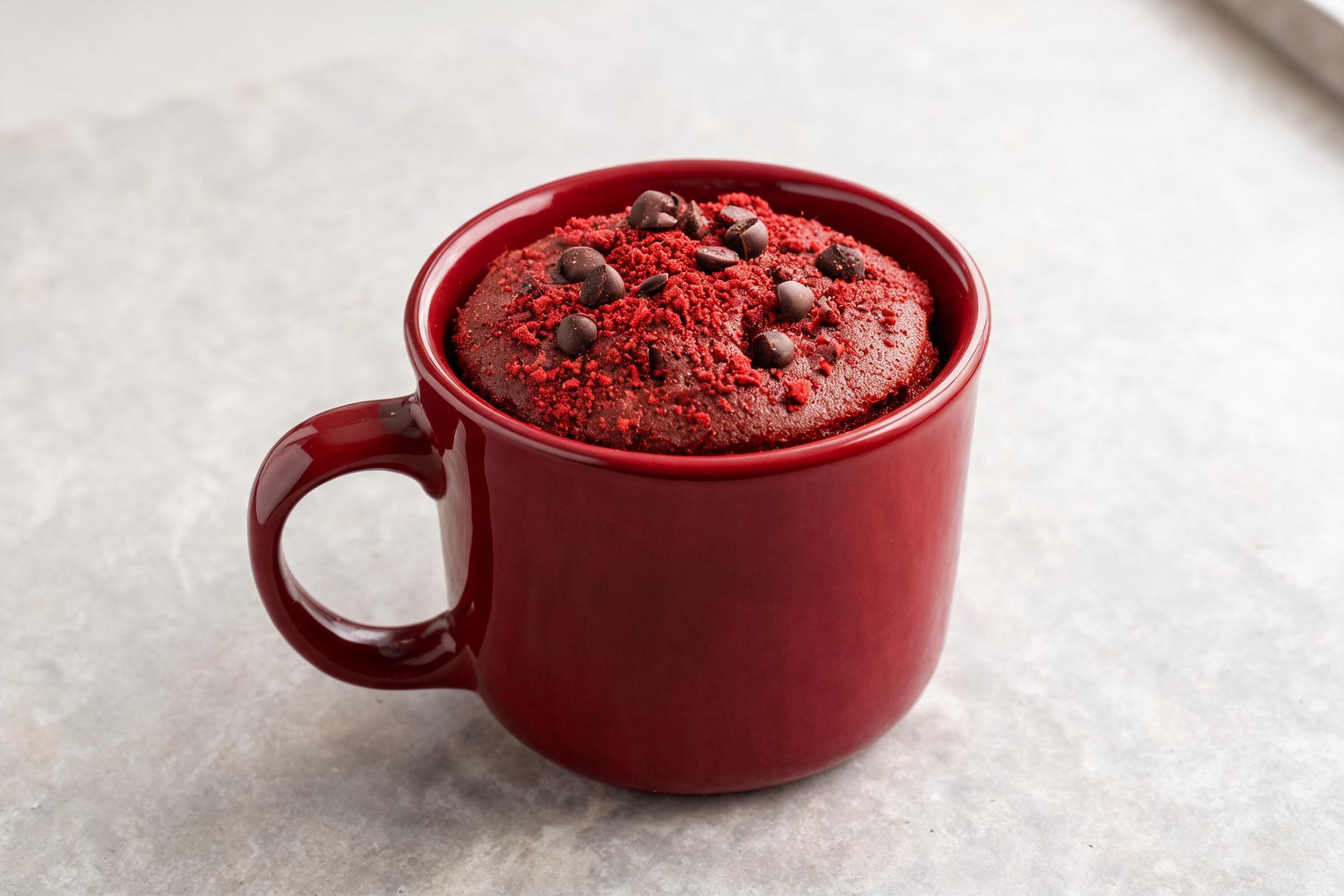 Gluten-free red velvet cocoa mug cake with chocolate chips in a white mug