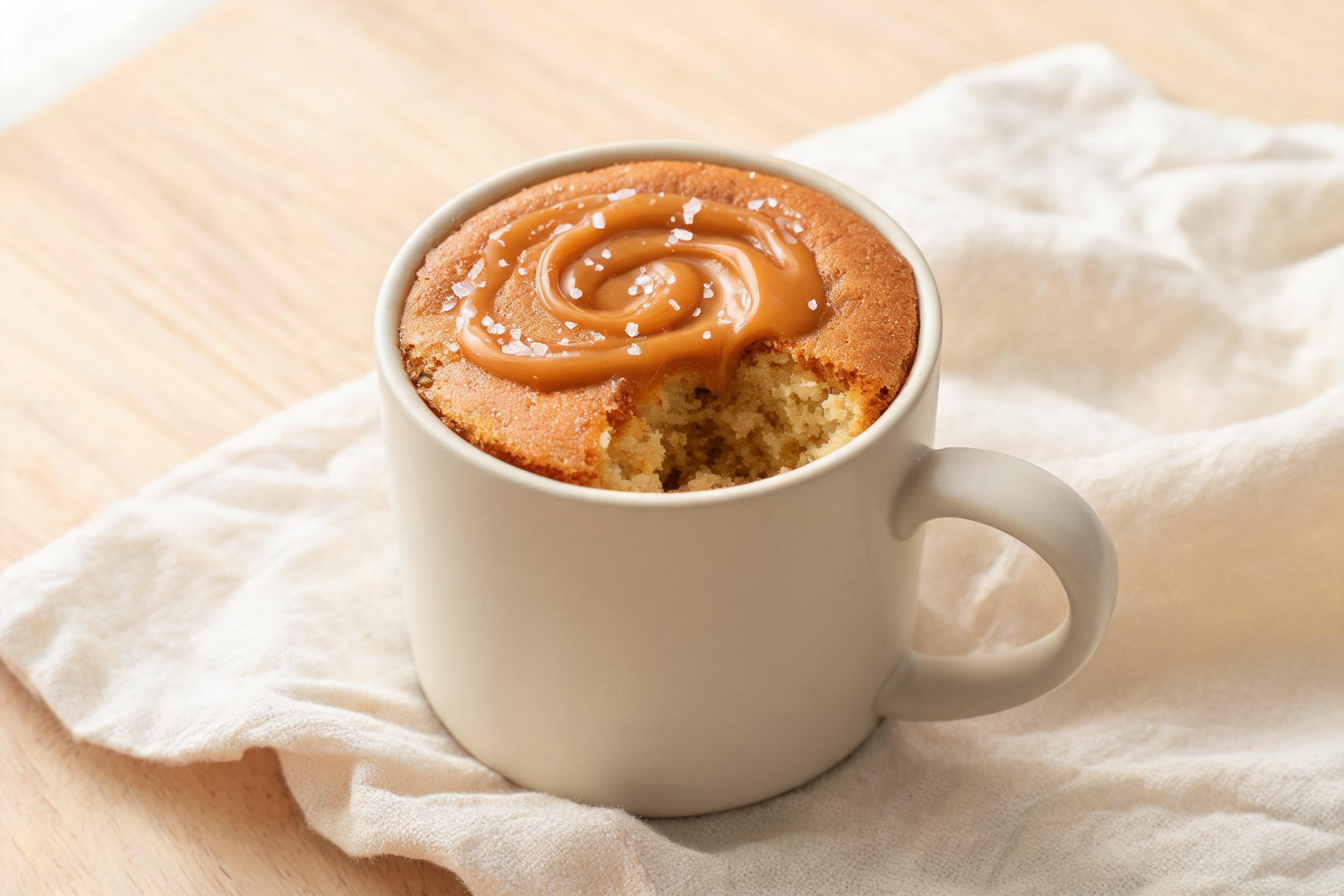 Dairy-free salted caramel mug cake with a caramel swirl and flaky salt