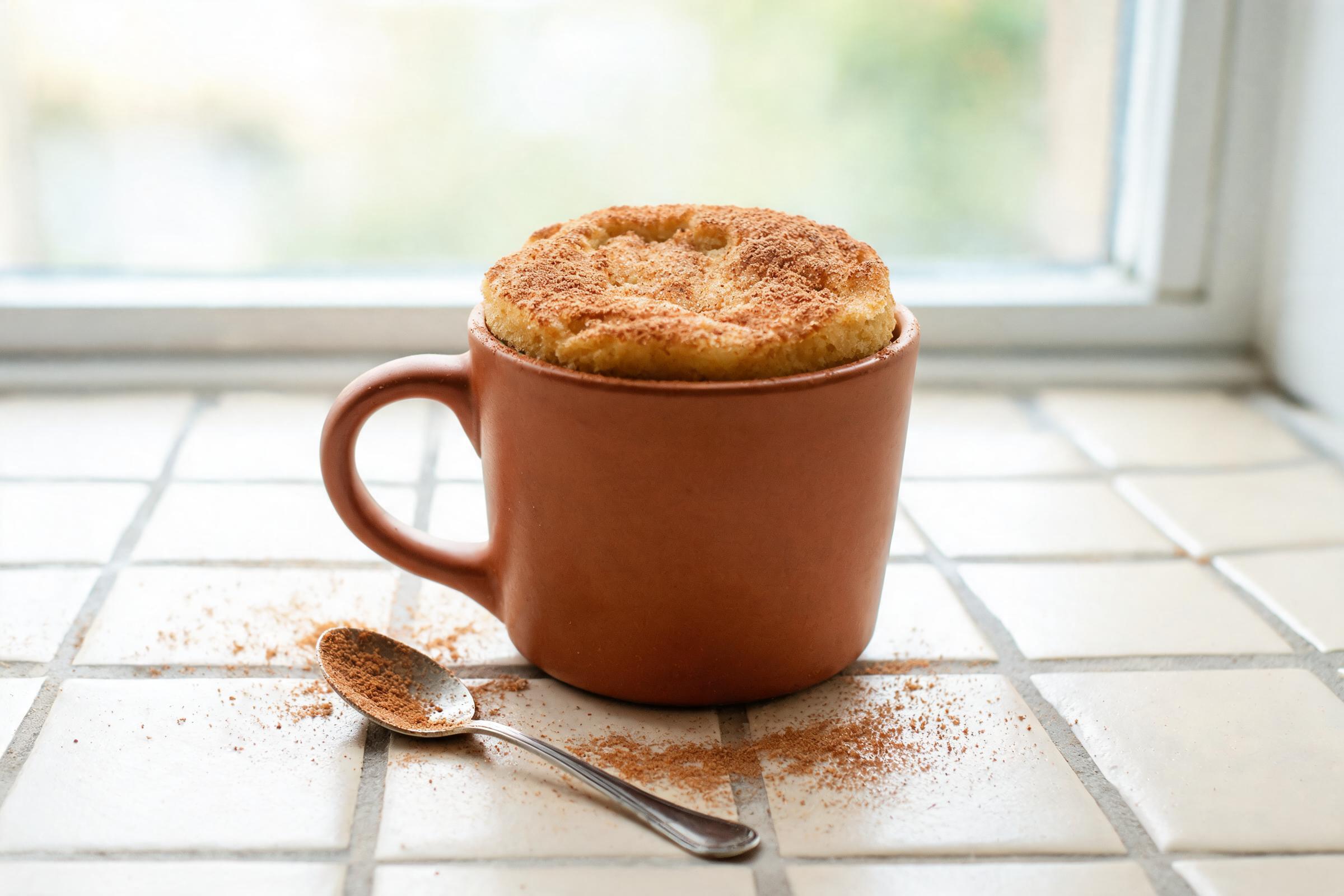 Snickerdoodle mug cake with cinnamon sugar dusted across the top