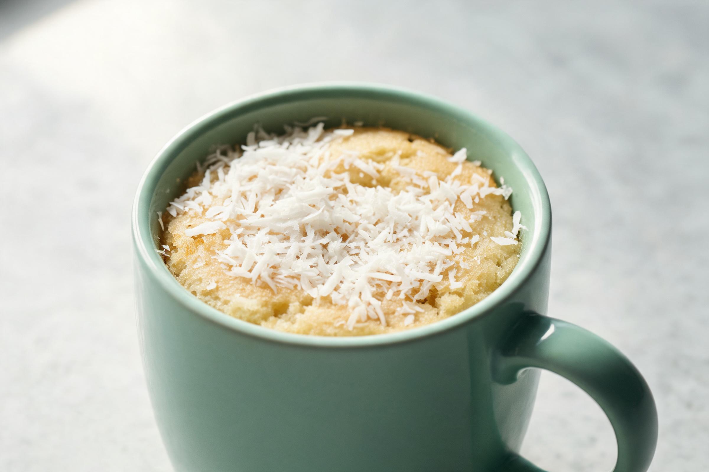 Dairy-free vanilla coconut mug cake topped with shredded coconut